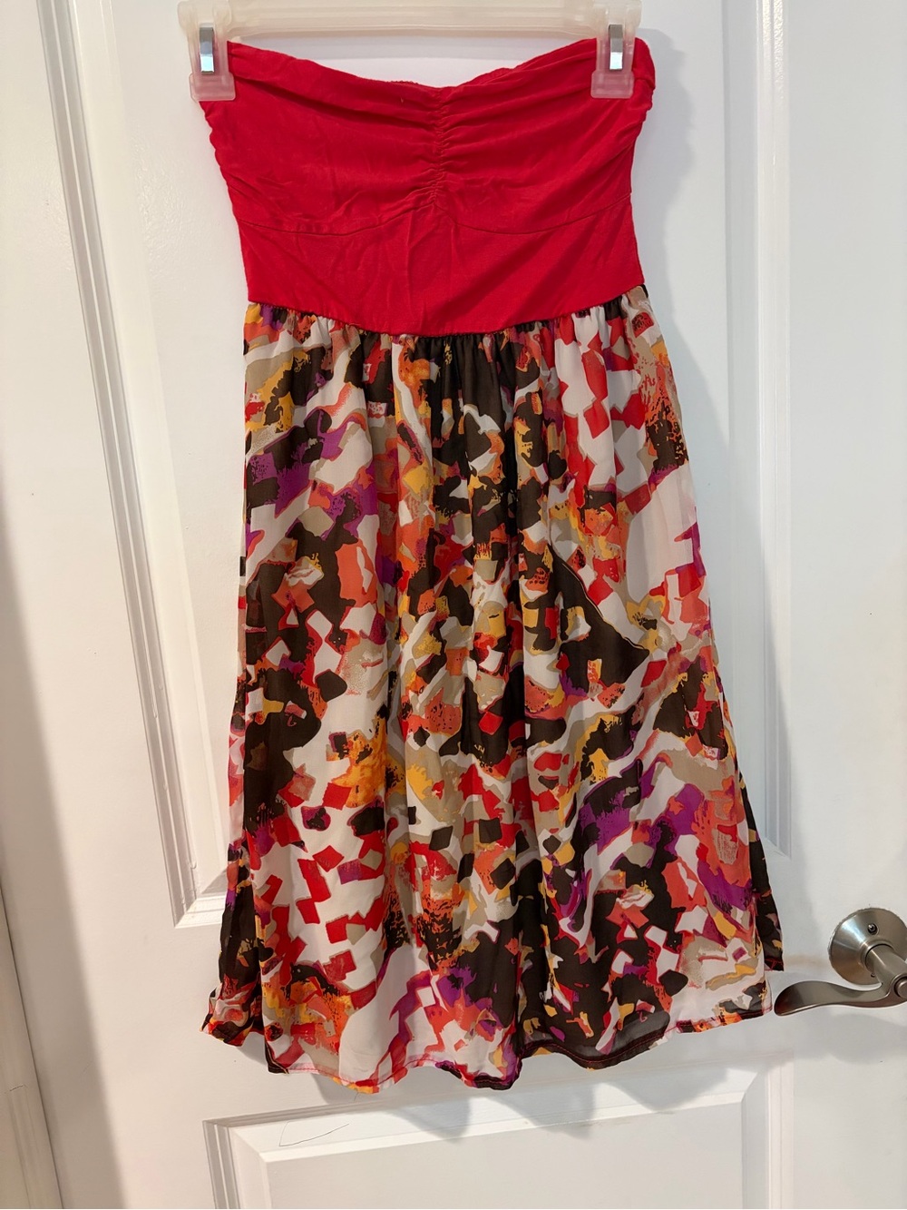 Strapless Red Bodice Multi-Color Printed Skirt Dress